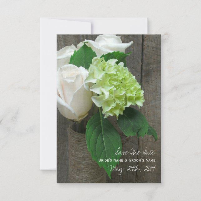 Save The Date Roses Blanches Hydrangea & Barnwood Enregistrer La (Devant)