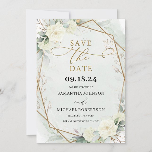 Save The Date Roses blanches rustiques Eucalyptus Vert Or (Devant)