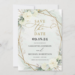 Save The Date Roses blanches rustiques Eucalyptus Vert Or