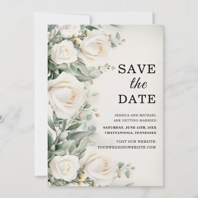Save The Date Roses blanches Verdure Mariage élégant (Devant)