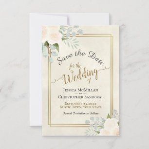 Save The Date Roses blancs ou Pêche et Mariage Eucalyptus Boho