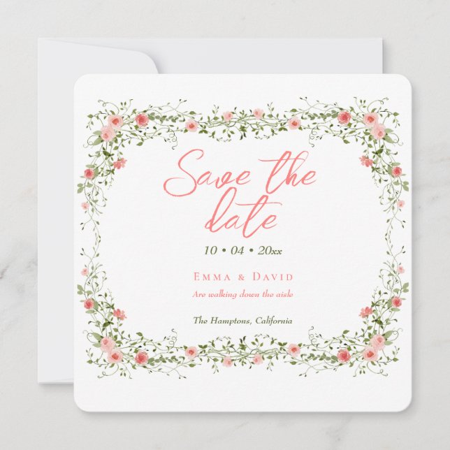Save The Date Roses botaniques chic Élégant Mariage de script (Devant)