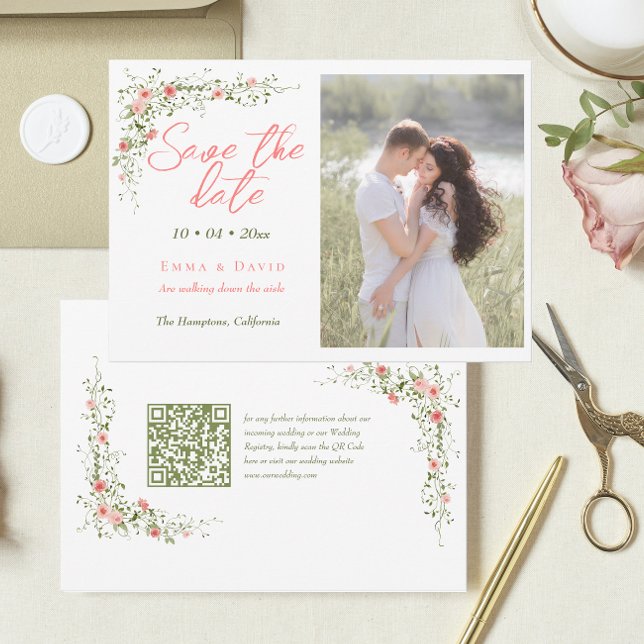 Save The Date Roses botaniques Élégant Script Photo Mariage (Créateur téléchargé)