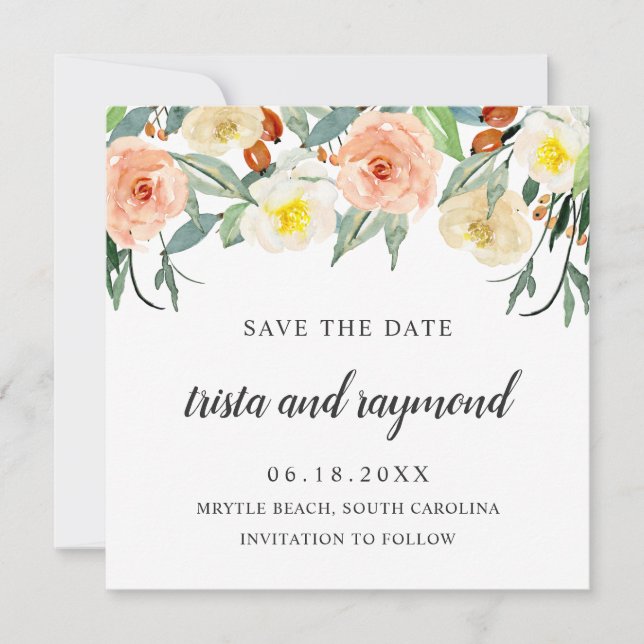 Save The Date Roses de l'aquarelle florale de la Pêche botanique (Devant)