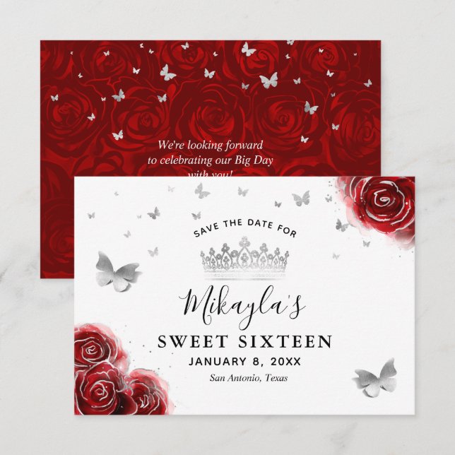 Save The Date Roses élégantes argent et rouge (Devant / Derrière)