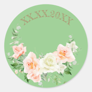 Save the date roses green wreath  classic round sticker