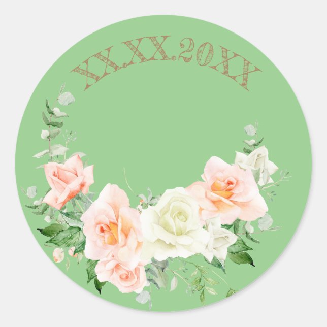 Save the date roses green wreath  classic round sticker (Front)