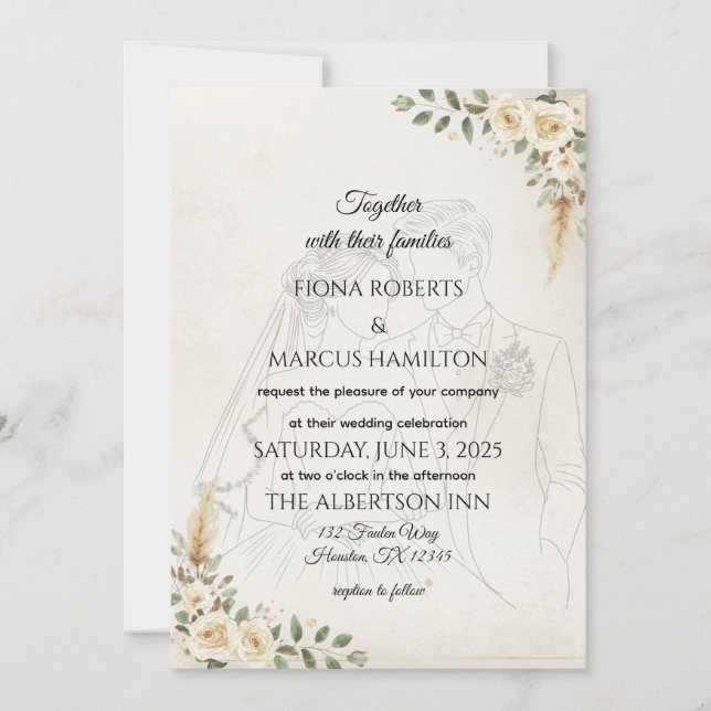Save The Date Roses ivoiriens Boho et Mariage en herbe Pampas (Devant)