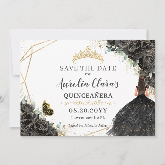 Save The Date Roses Noires Florales Or Quinceanera Sweet Seize A (Devant)