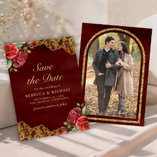 Save The Date Roses Rouges Dentelle Or Mariage Photo