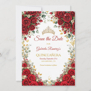 Save The Date Roses Rouges Élégantes Papillons Dorés Quinceañera