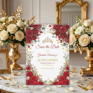Save The Date Roses Rouges Élégantes Papillons Dorés Quinceañera