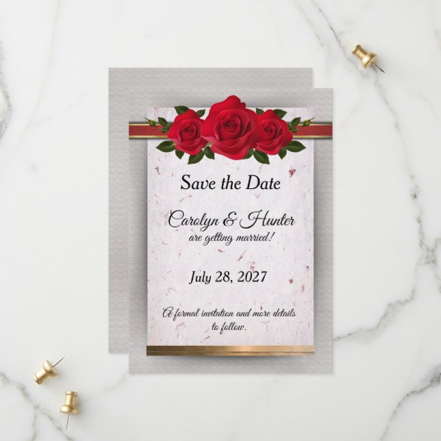 Save The Date Roses rouges magnifiques avec Mariage d'accents or (Devant/Arrière en situation)