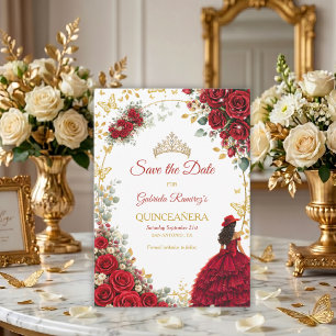 Save The Date Roses Rouges Papillons Dorés Quinceañera