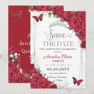 Save The Date Roses rouges Papillons en argent Quinceanera Sweet