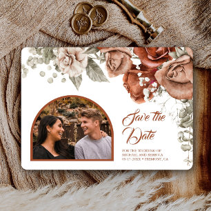 Save The Date Roses Terracotta Orange Brûlé Photo de Mariage Flo