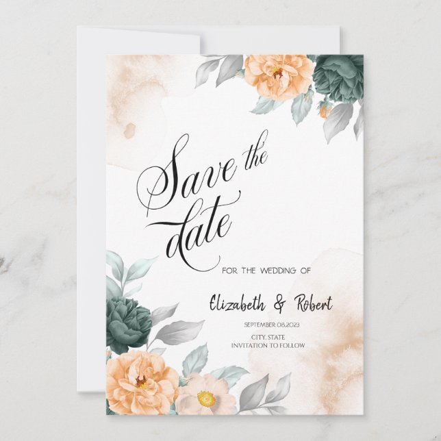 Save The Date Roses Vertes Aquarelle Enregistrer La Date (Devant)