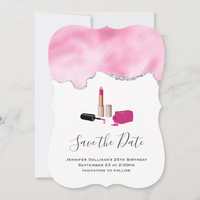 Save The Date Rouge à lèvres rose et ongle Polonais beauté thème (Devant)