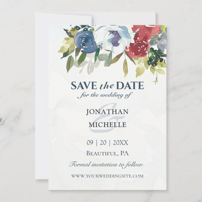 Save The Date Rouge Blanc Bleu Floral Vert Aquarelle Mariage (Devant)