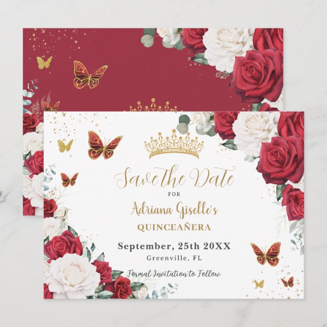 Save The Date Rouge Blanc Roses Floral Or Quinceañera Sweet 16 (Devant / Derrière)