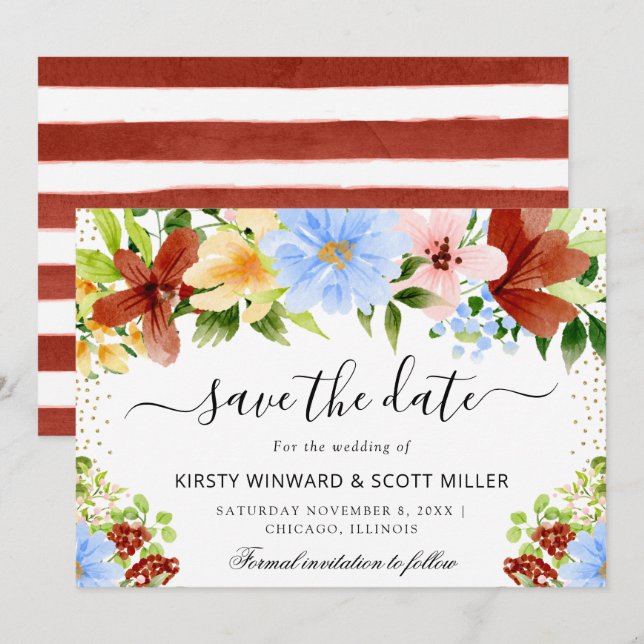 Save The Date Rouge bleu Jaune Fleurs d'été Mariage (Devant / Derrière)