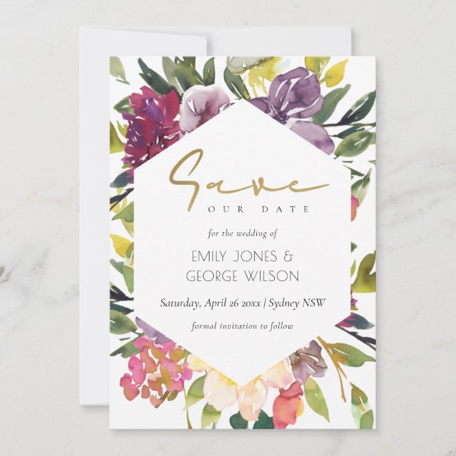 SAVE THE DATE ROUGE BOURGOGNE ROSE VERT LIME FLORAL (Devant)