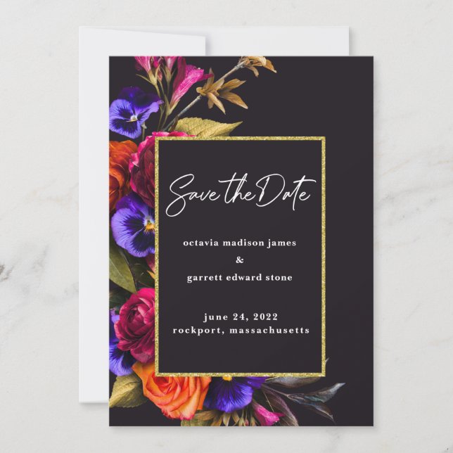 Save The Date Rouge Bourgogne, Violet, Floral rose orange (Devant)
