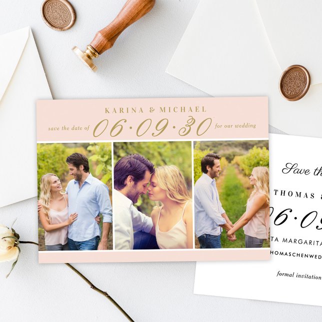 Save The Date Rouge doré Trois Photos Mariage en collage (Créateur téléchargé)