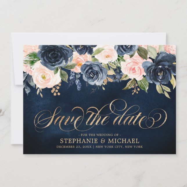 Save The Date Rouge Floral Rose Foncé Bleu Marine (Devant)