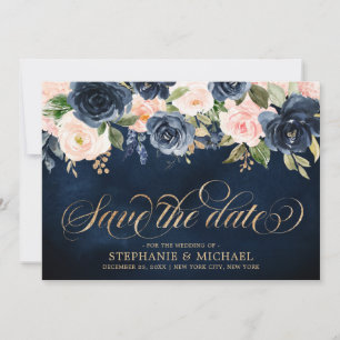 Save The Date Rouge Floral Rose Foncé Bleu Marine