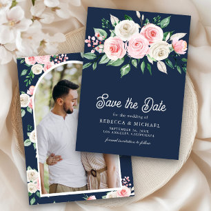 Save The Date Rouge Foncé Fleurs Rose Mariage Photo Bleu Marine