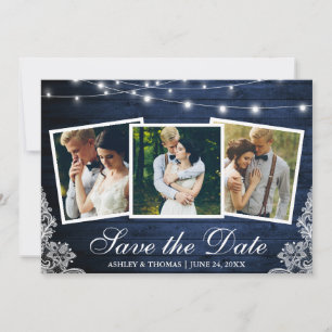 Save The Date Rouge Rustique Bleu Lumières Dentelle 3 Photo Enre
