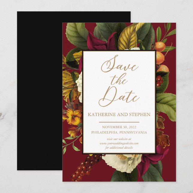 Save The Date Rouge rustique | Bouquet Floral Orange Enregistrer (Devant / Derrière)