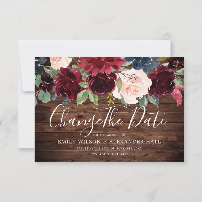 Save The Date Rouge rustique Fleurs de Bourgogne Changer la date (Devant)