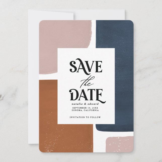 Save The Date rouille Abstraite, marine + rose moderne enregistr (Devant)