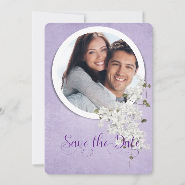 save the date-round frame on purple date (Front)