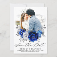 Royal Bleu Blanc Argent Métallo Mariage Floral