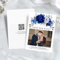 Royal Bleu Blanc Argent QR Code Floral Mariage
