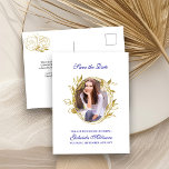 Save the Date Royal Blue and Gold Leaf Frame Photo Announcement Postcard<br><div class="desc">Save the Date Postcard, personalized with your photo, which is framed with a botanical leaf geometric oval frame. The design has a colour palette of royal blue and gold with elegant fancy script typography. The template is set up for you to add your picture, occasion, name, date and message on...</div>