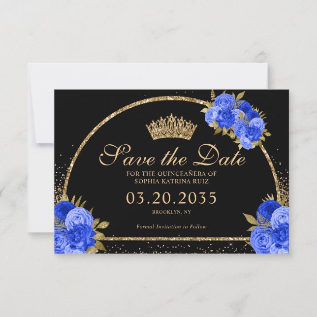Save The Date Royal Blue Black Gold Parties scintillant Floral Q (Devant)