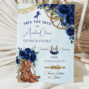 Save The Date Royal Blue Floral Wild West Charro Quinceañera XV