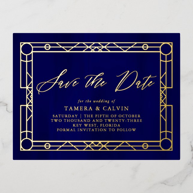 Save The Date Royal Blue Gold Decorative Frame Foil Invitation Postcard (Front)