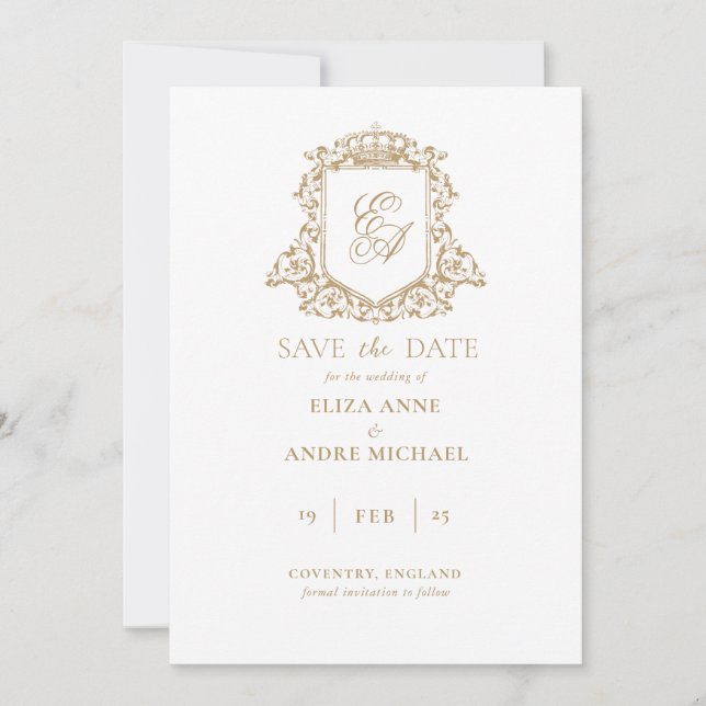 Save The Date Royal Gold et White Monogram Crest Enregistrer la  (Devant)