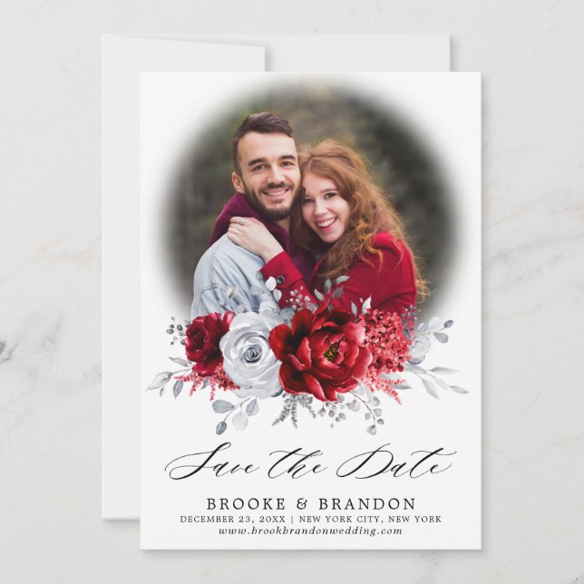 Save The Date Royal Rouge Blanc argent métal Mariage floral (Devant)