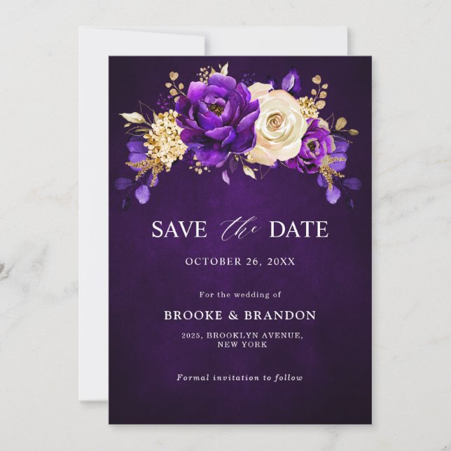 Save The Date Royal violet violet or Floral Mariage botanique (Devant)