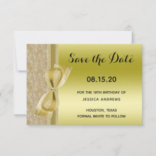 Save The Date Ruban de dentelle et nœud doré paillettes sequins 