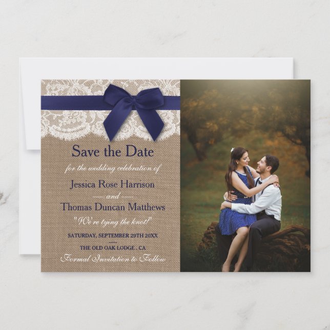 Save The Date Ruban de la marine sur Burlap & dentelle photo Mar (Devant)
