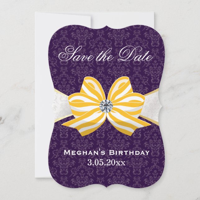 Save The Date Ruban jaune diamant avec motif pourpre damassé (Devant)