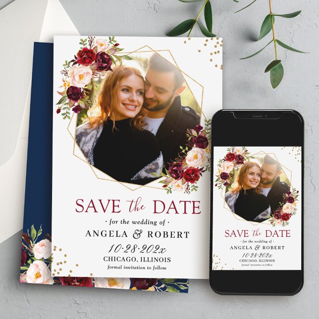 Save The Date Russe Bourgogne Floral Navy Gold Photo géométrique (Créateur téléchargé)