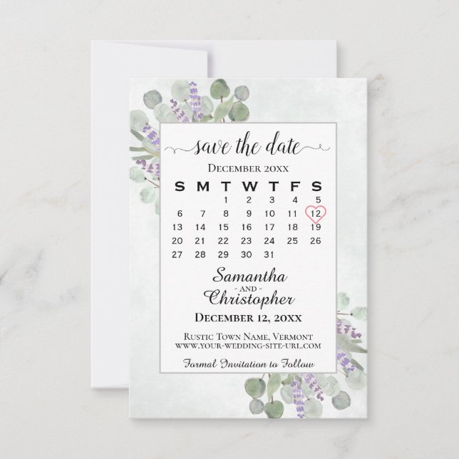 Save The Date Russe Eucalyptus Lavender Calendrier Mariage blanc (Devant)